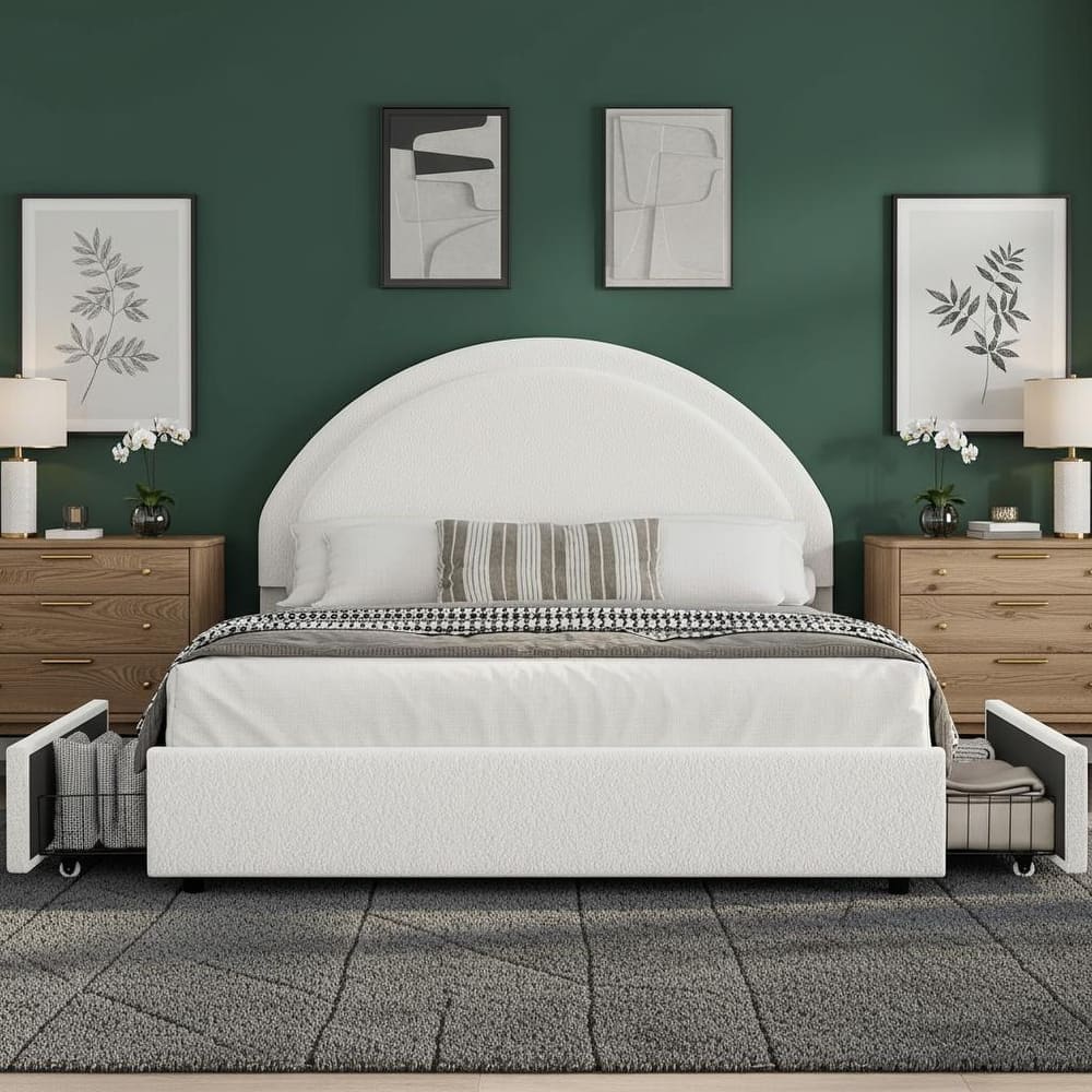 Boucle Upholstered Platform Bed Frame, with 2 Storage Drawers
