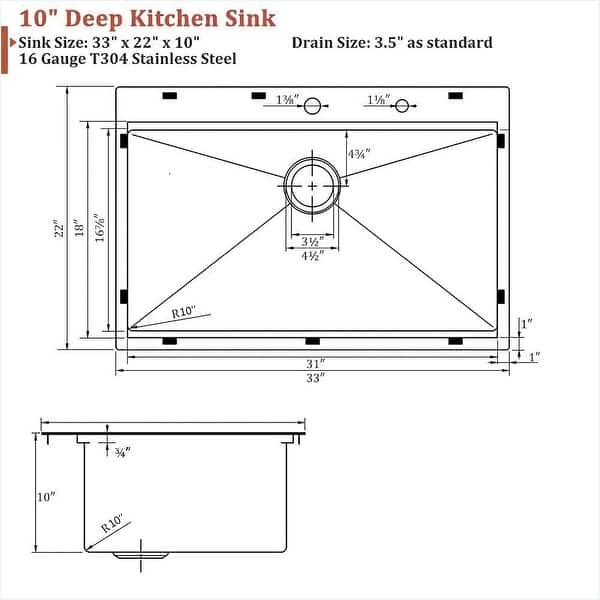 33 Inch Topmount Kitchen Sink Stainless Steel 16 Gauge R10 Tight Radius 