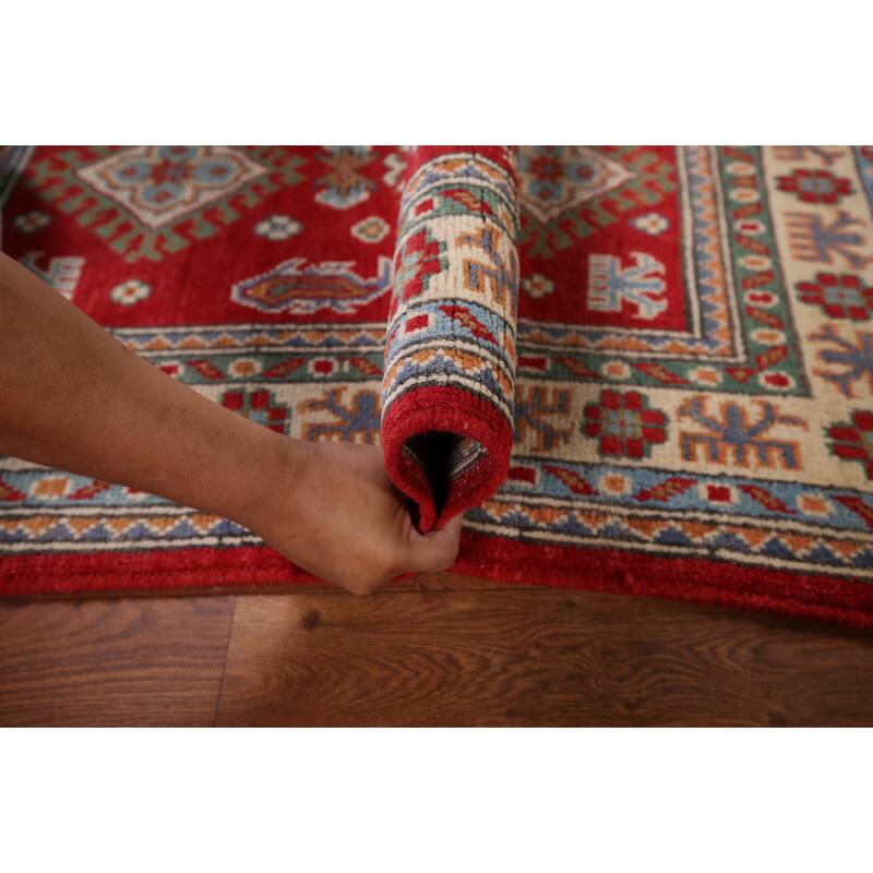 Geometric Red Kazak Oriental Accent Rug Hand-Knotted Wool Carpet - 2'8" x 4'1"