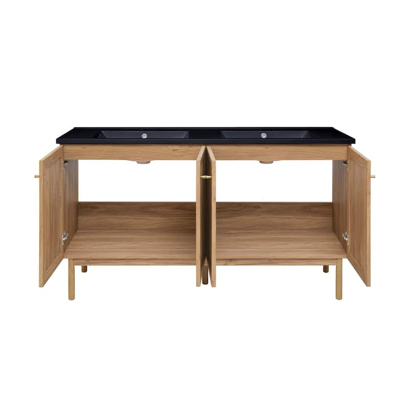 Classe 60 In. Brown Oak, Double Basin Bathroom Vanity With Black, 3-Hole Artificial Stone Sink Top