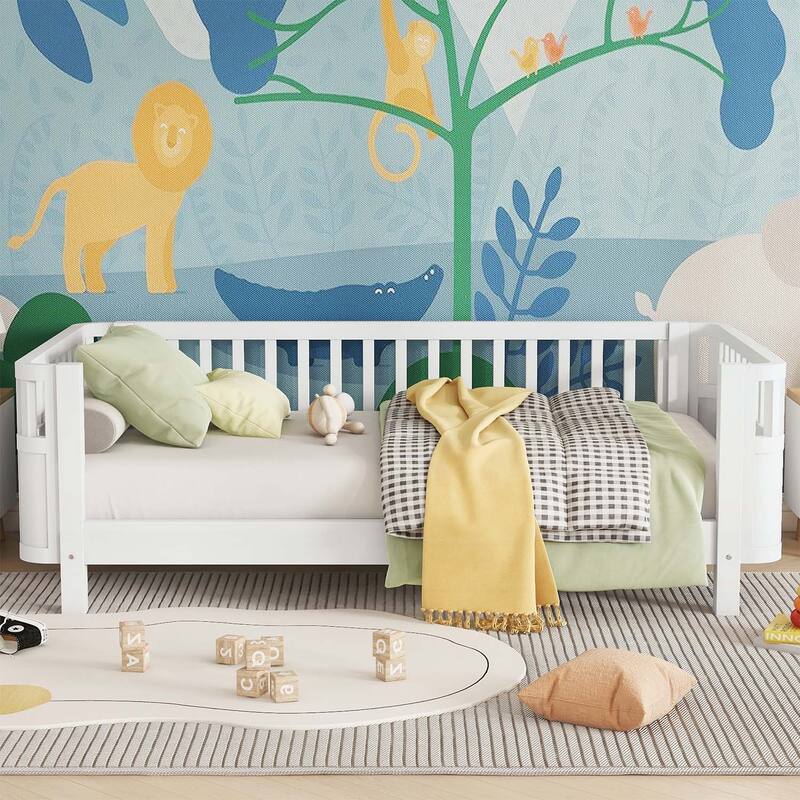 Wood Platform Bed with Safety Rails,and Versatile Use - White-Twin Size