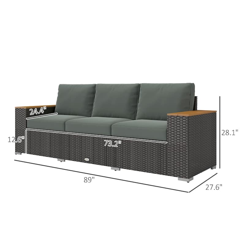 Outsunny 3-Seat Patio Sofa with Cushions, PE Rattan Outdoor Couch with Wood Grain Wide Armrests for Porch