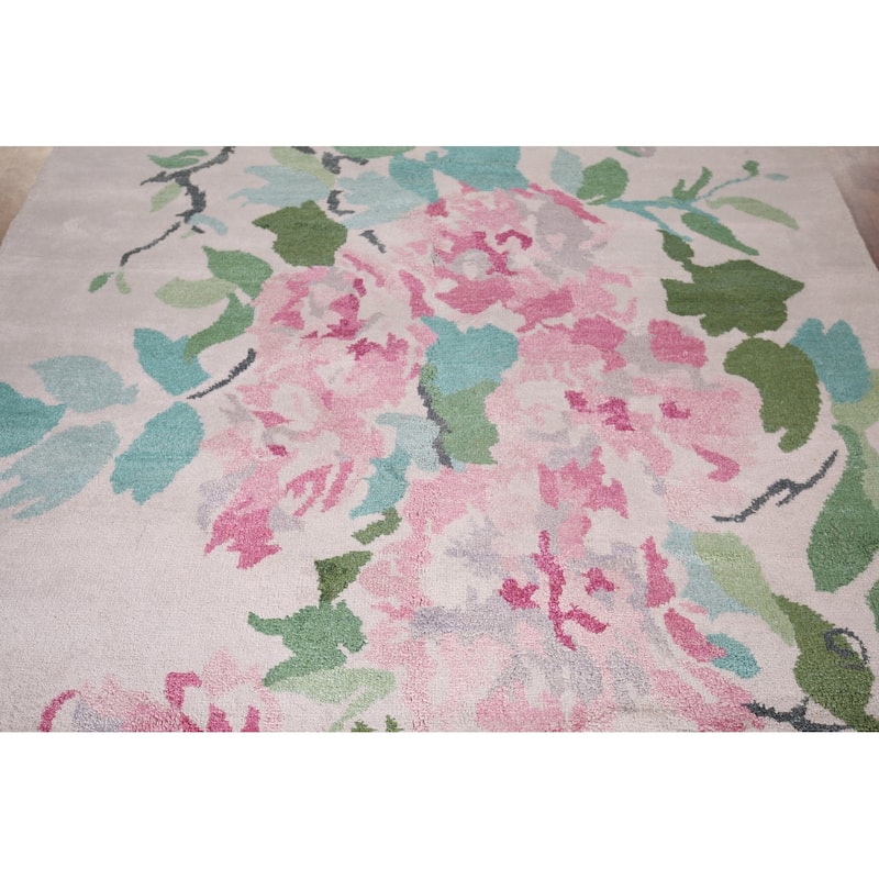 Handmade Abstract Indian Area Rug Beige Oriental Wool & Silk Carpet - 6'7"x 9'9"