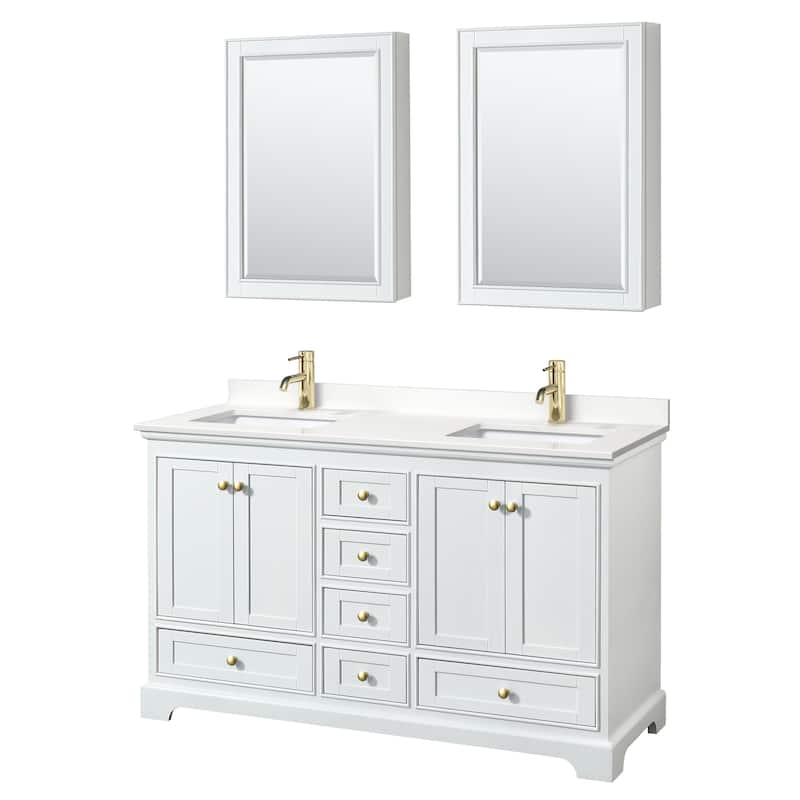 Deborah 60-inch Double Vanity, Quartz Top, Medicine Cabinets - White, Gold Trim, White Quartz Top