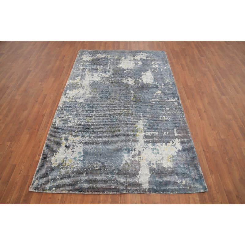 Hand Knotted Oriental Viscose Silk Carpet Modern All-Over Greys & Charcoal Abstract Area Rug - 7' 11'' X 5' 0''