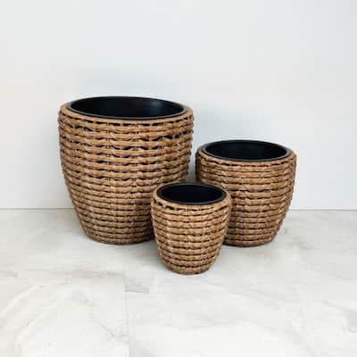 Alpine Corporation VTAHK130A-BR Poly Rattan Planter Set of 3 with Removable Inserts, Outdoor Decorative Pots, Brown