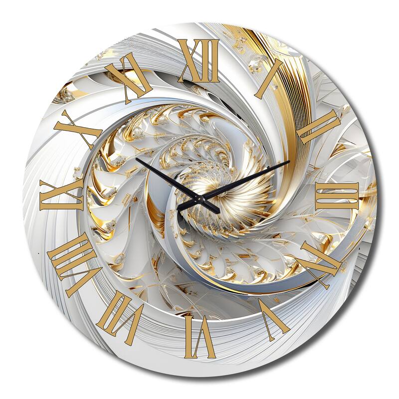 Designart "Whirling While Glam Fractals In Gold And White III" Fractals Oversized Wall Clock