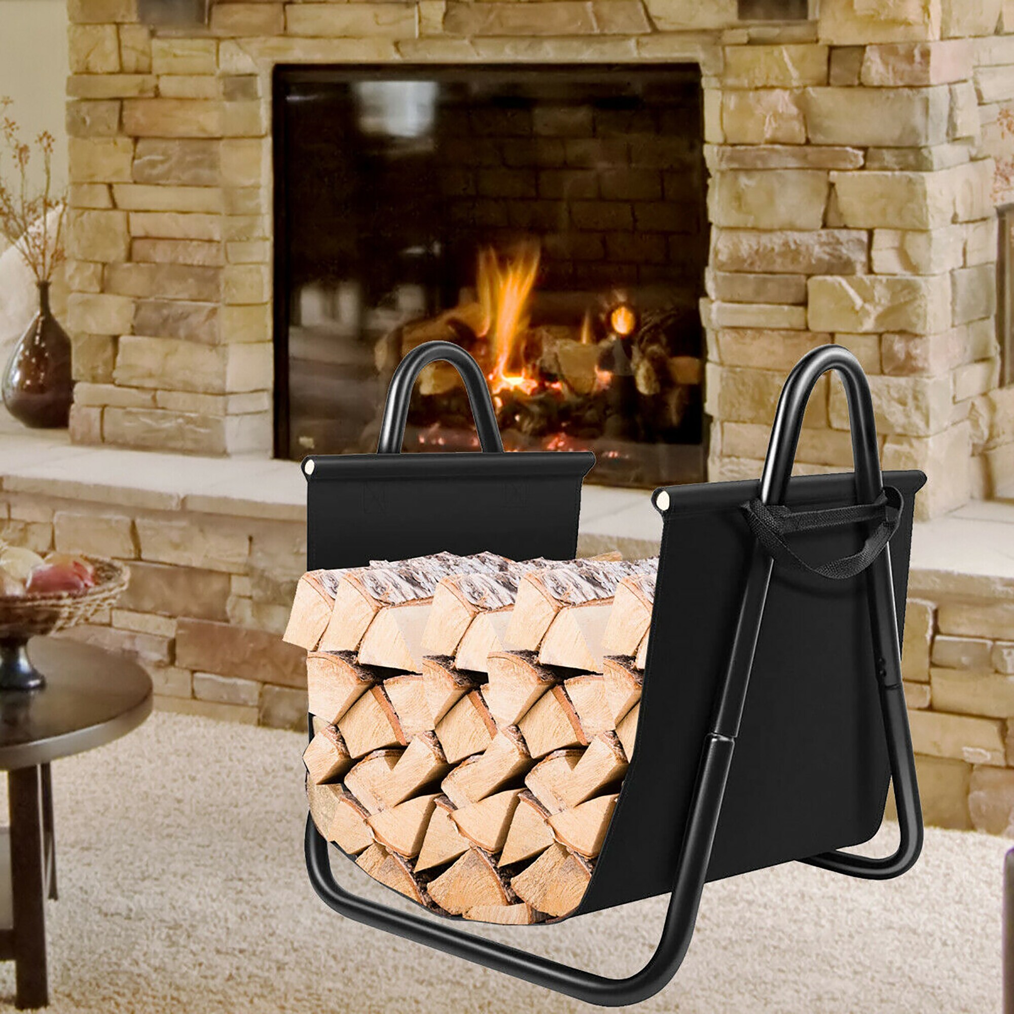 Costway Firewood Rack Log Holder W Canvas Tote Carrier For Fireplace Overstock 31784554