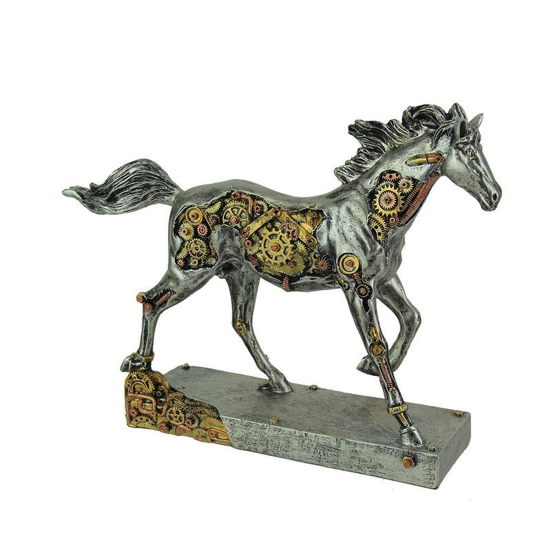 Steam Stallion Metallic Silver Running Steampunk Horse Statue - 8.75 X 11.25 X 3 inches