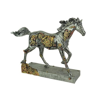 Steam Stallion Metallic Silver Running Steampunk Horse Statue - 8.75 X 11.25 X 3 inches