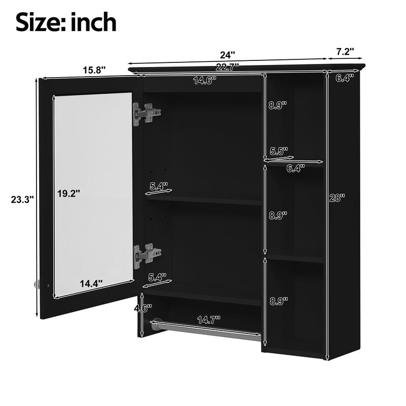 24-inch 3-in-1 Bathroom Mirror Cabinet - Wall Mounted Medicine Cabinet with Adjustable Shelf & Tower Bar, High-Define Mirror