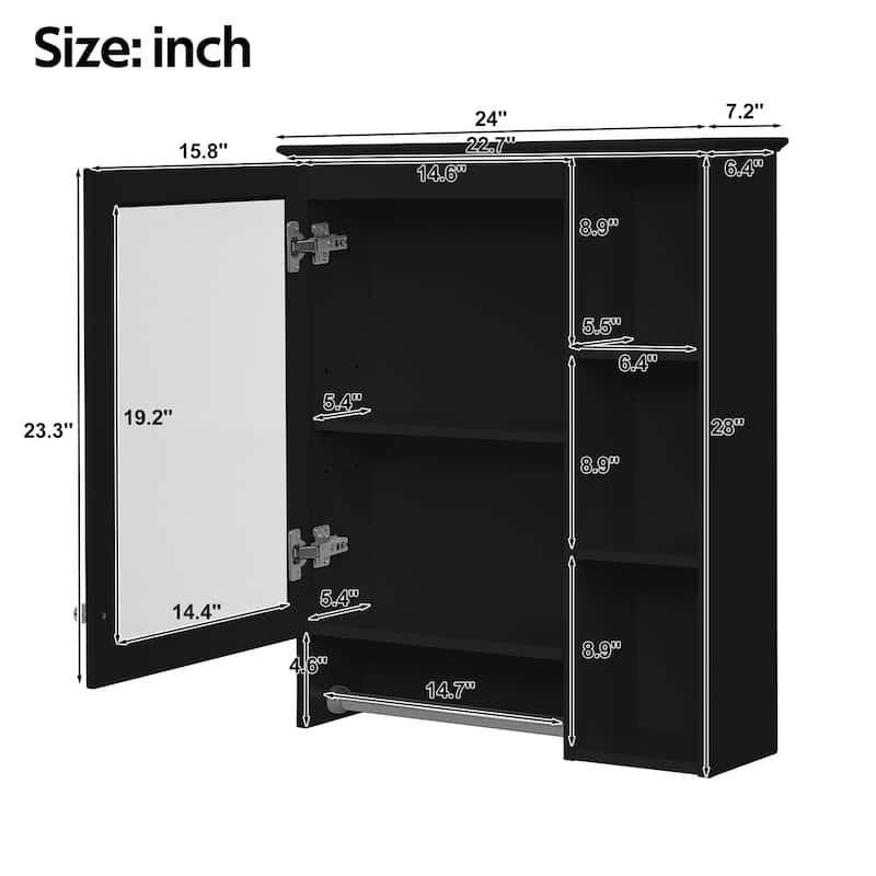 3-in-1 Bathroom Mirror Cabinet, 24-inch Wall Mounted Medicine Cabinet with Adjustable Shelf & Tower Bar