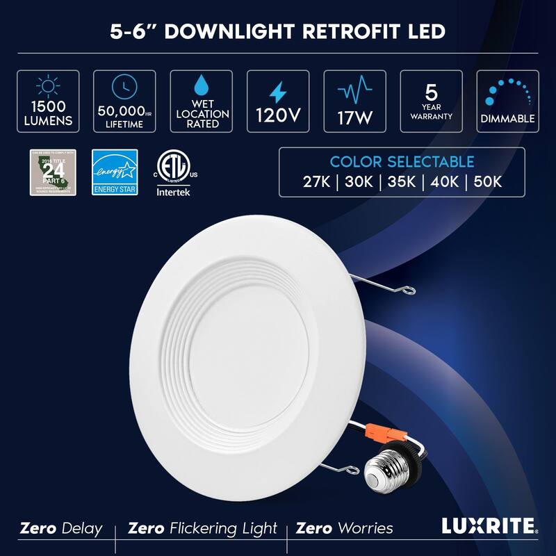Luxrite 5/6" Retrofit LED Recessed Light, 17W=90W, 1500 Lumens, 5CCT, Dimmable, Wet Rated, Baffle 16 Pack