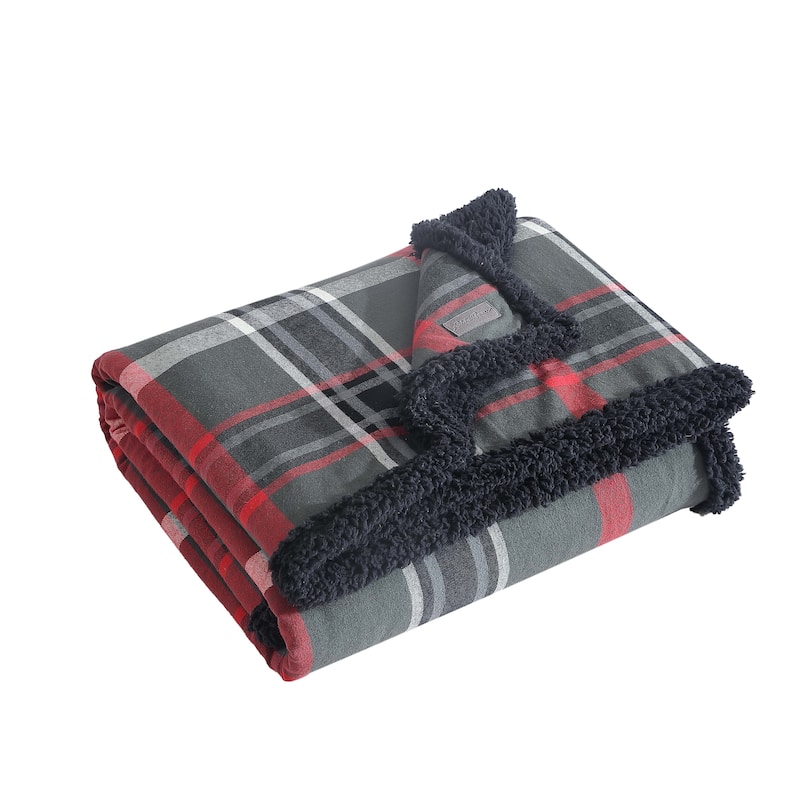 Eddie Bauer Cotton Flannel/Shearling Reverse Throw Blanket - Winslow Grey/Red