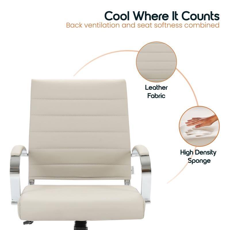 Benmar Leather Ribbed Office Chair with Chrome Frame, Adjustable Height, Tilt Lock, 360° Swivel, and Smooth Rolling Casters