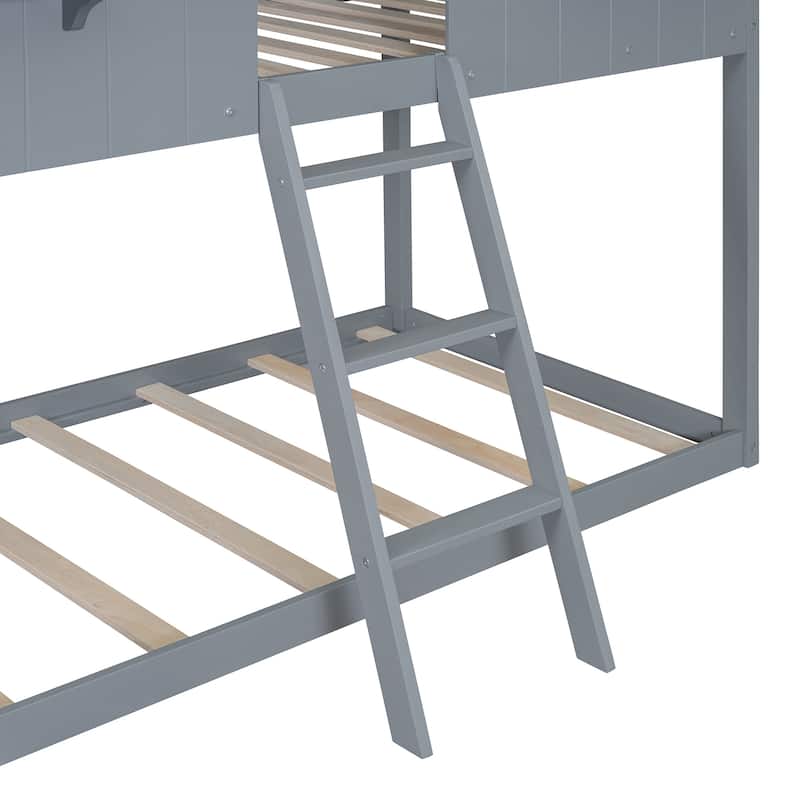 Twin Over Twin Bunk Bed Wood Bed with Roof, Window, Guardrail, Ladder (Gray)