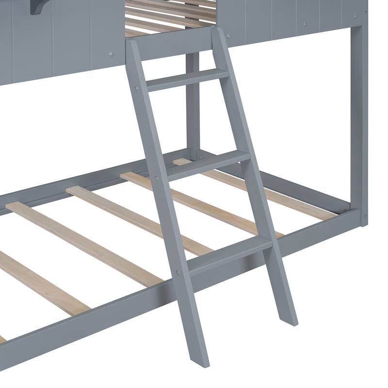 Twin Over Twin Bunk Bed Wood House Bed with Roof, Window, Guardrail and Ladder