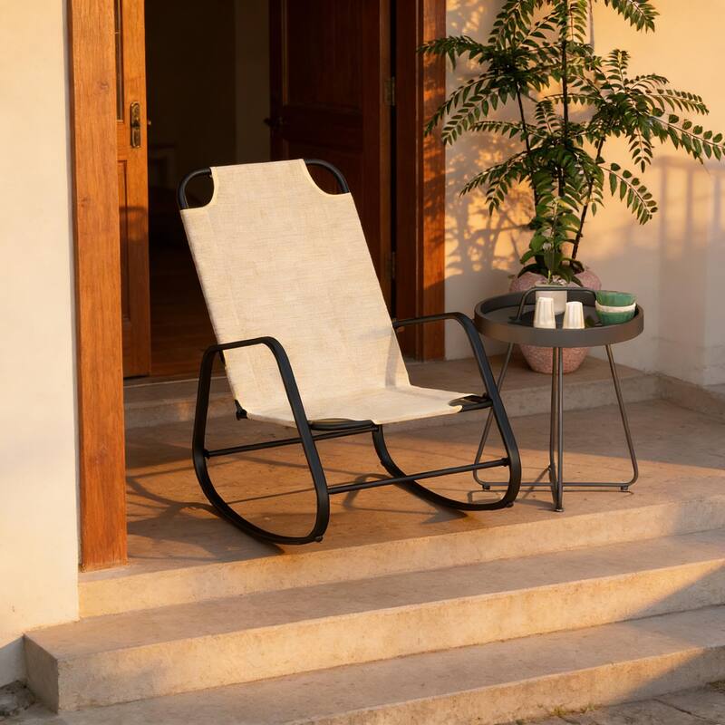 GDFStudio Outdoor Porch Rocking Chair with High Back & Armrests - Light Brown