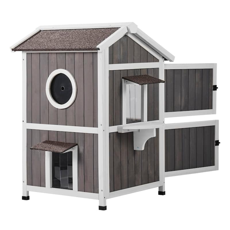 Grey Wooden Double Layer Outdoor Cat House with Asphalt Roof and Flaps Door - 23” x 26” x 36”