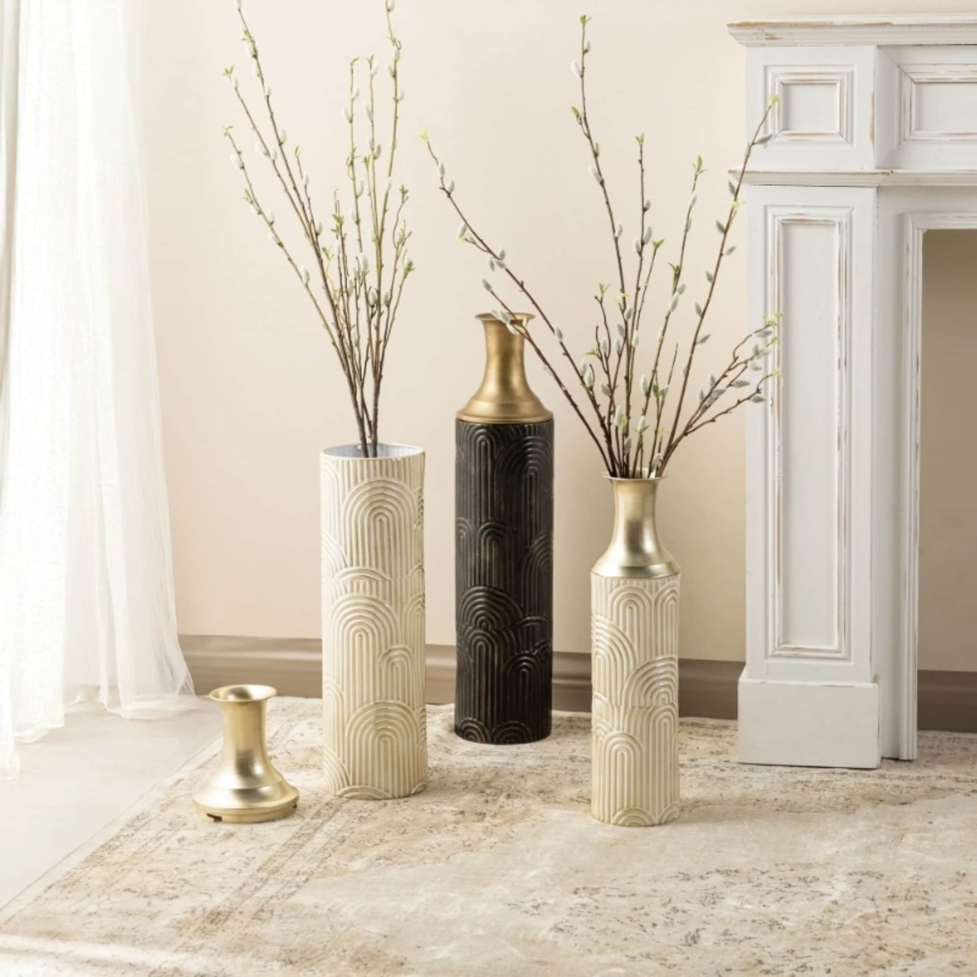 Glitzhome Set of 2 Modern White Black and Gold Metal Floor Vases for Centerpiece Living Room Ground Corner