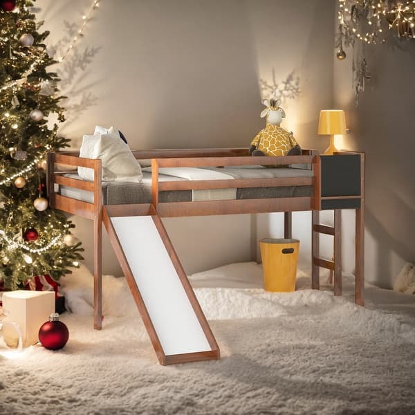 slide 2 of 14, Modern Twin Size Wood Loft Bed With Convertible Ladder and Slide With Stair and Chalkboard