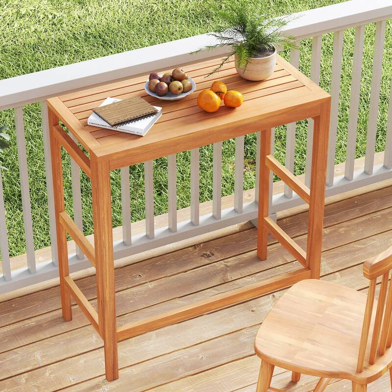 Gymax Acacia Wood Outdoor Bar Table w/Slatted Tabletop for Balcony