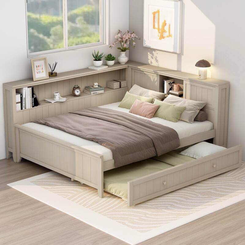 Full Size Wood Daybed with Storage Shelves,Trundle,Wood Slats Wupport