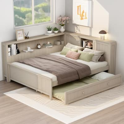 Full Size Wood Daybed with Storage Shelves,Trundle,Wood Slats Wupport