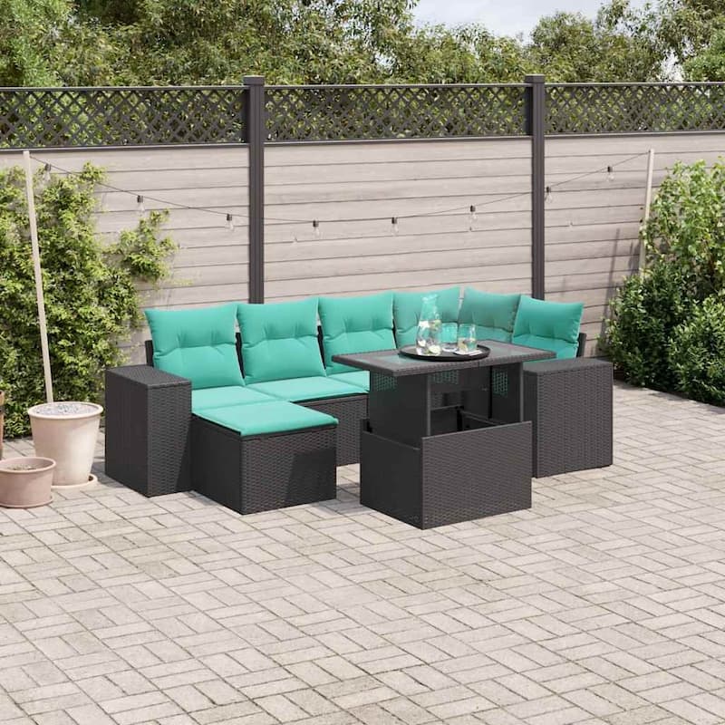 vidaXL Patio Sofa Set with Cushions Table and Couches 7 Piece Poly Rattan - Black without storage - 24.4" x 24.4" x 27.2"