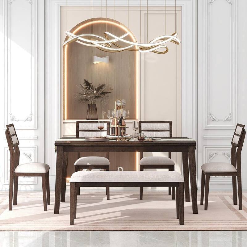60'' rectangular dining table with 4 upholstered chairs and bench