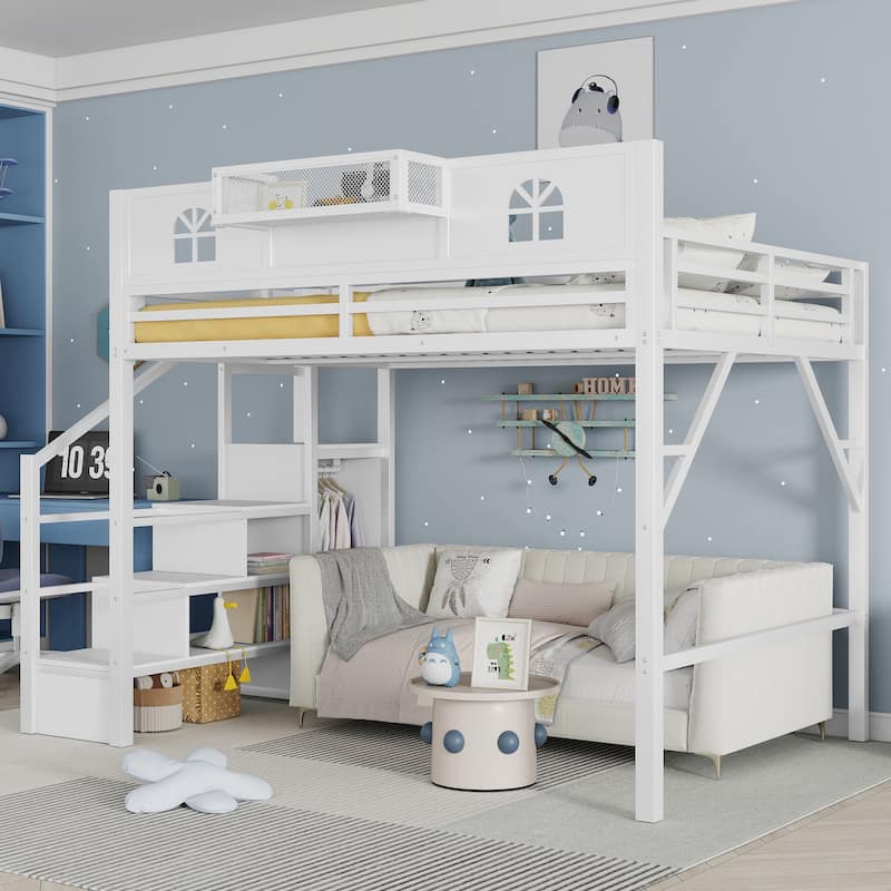White High Loft Bed Frame with Storage Stairs and Wardrobe, Loft Metal Frame Bed with High House Shaped Guardrails for Kid Teens