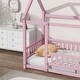 preview thumbnail 5 of 7, Twin Size Floor Wooden Bed with House Roof Frame, Fence Guardrails, Perfect for Imaginative Play and Safe Sleep, Pink