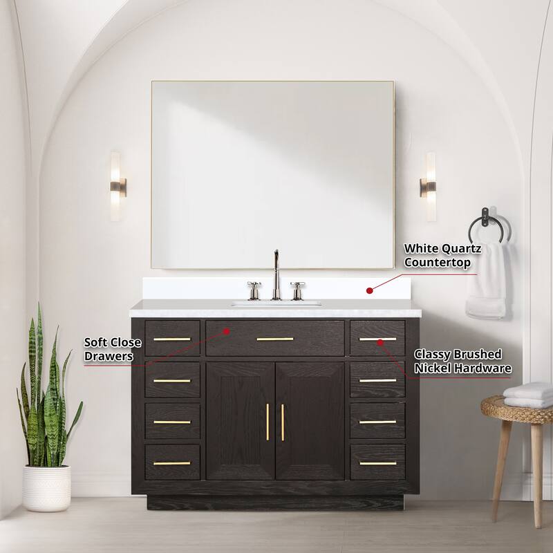 Abbey 48 in W x 22 in D Black Oak Single Bath Vanity, White Quartz Top, and 46 in Mirror