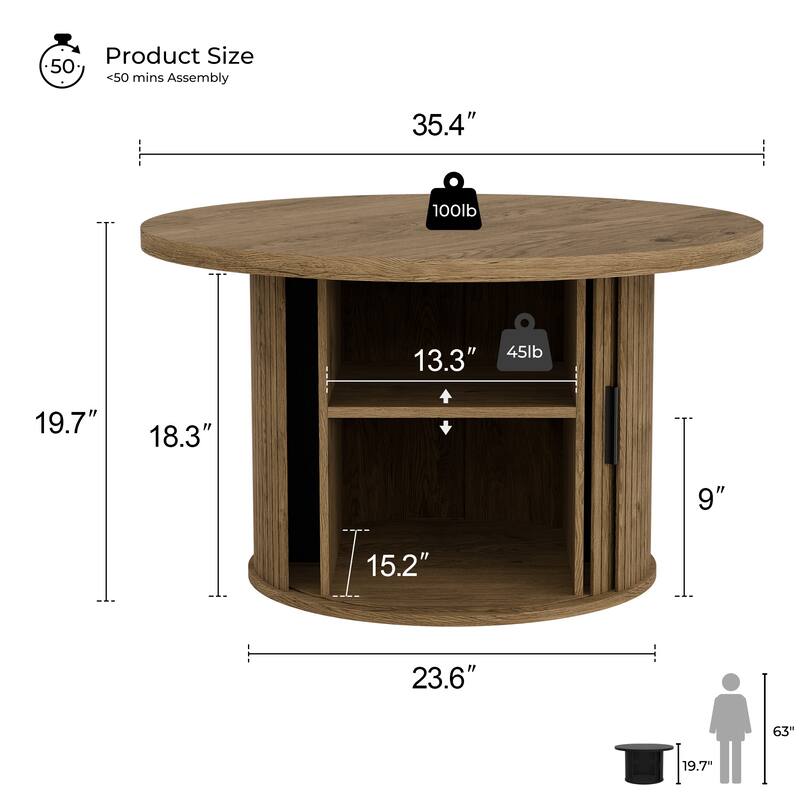 Mid Century Modern Round Coffee Table with Storage, Tambour Door Design Table for Living Room