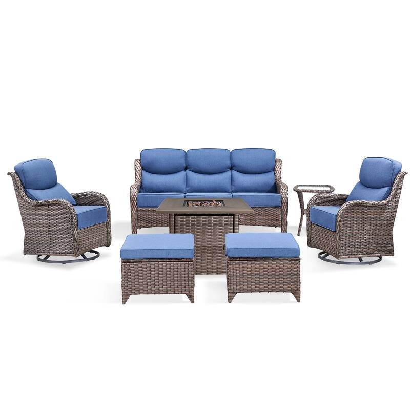 Pocassy Outdoor 6" Sofa Swivel Chair Ottoman with Fire Pit Table