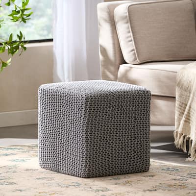 Roomfitters Handcrafted Cube Pouf Ottoman, Knitted Cotton Cover with Firm Support, Modern Floor Accent or Footrest, Gray