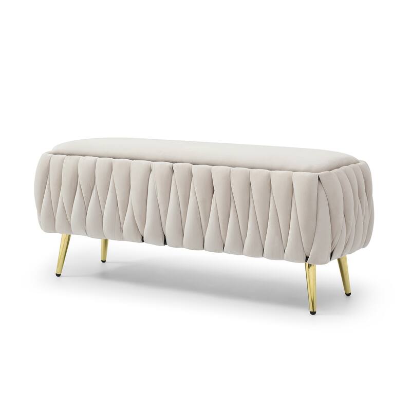 Oval Storage Bench with Gold Legs,Velvet Fabric Upholstered Ottoman Storage Benches for Bedroom End of Bed,Sherpa Fabric Bench