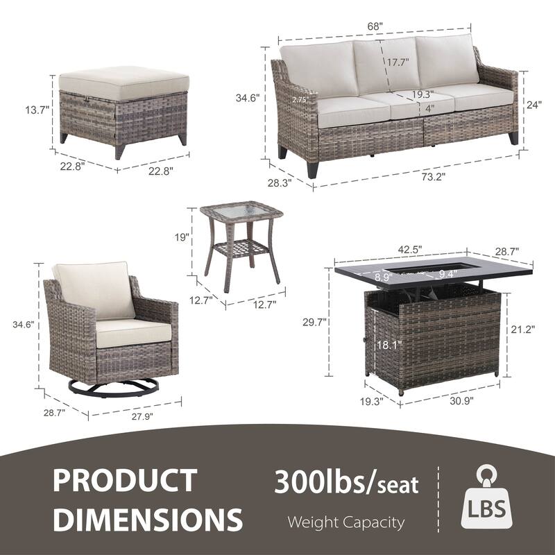 Glissia 7-Piece Gray Wicker Fire Pit Conversation Set with height-adjustable fire pit