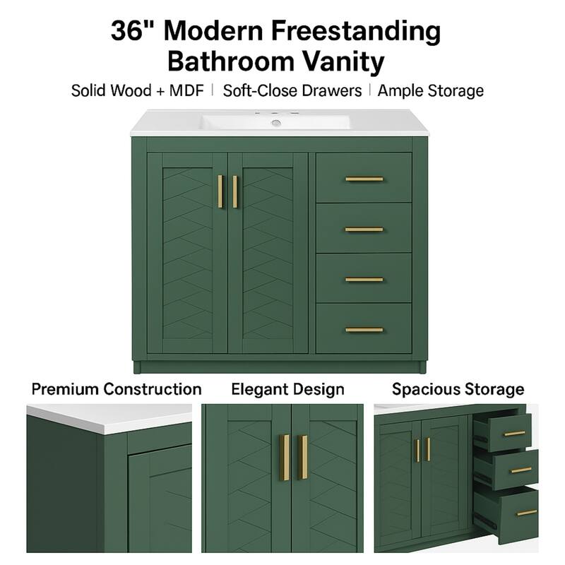 36'' Freestanding Bathroom Vanity with Sink, Solid Wood Frame, 3 Drawers