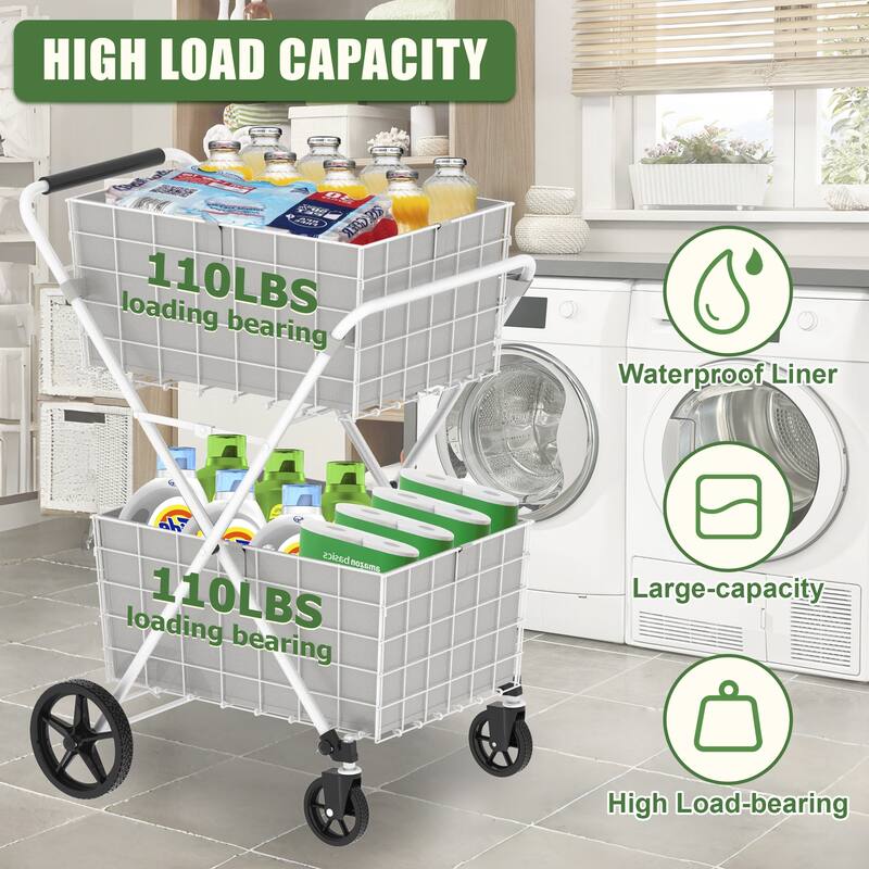 Foldable 2 Layers Grocery Shopping Cart with Double Basket and 360 Rolling Swivel Wheels