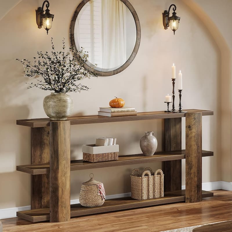 70.87" Farmhouse Extra Long Console Table, Narrow Wooden 3-Tier Sofa Table Behind Couch for Entryway, Living Room, Hallway Foyer