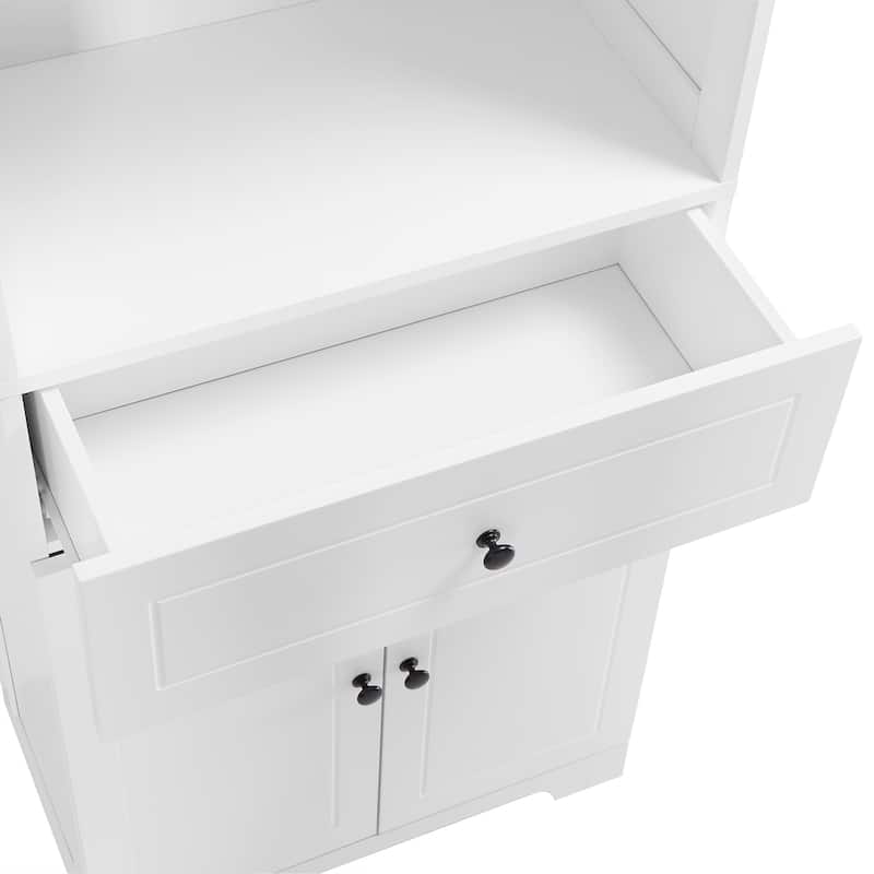Versatile Tall Storage Cabinet with Open Shelf, Drawer, Adjustable Shelves and Black Metal Knobs for Office Bathroom Living Room