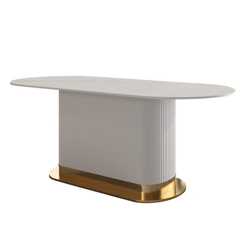 Modern Oval White Snowmass Stone Top Ammonites Leather Titanium Stainless Steel Pedestal Dining Table - 8 Seats - White