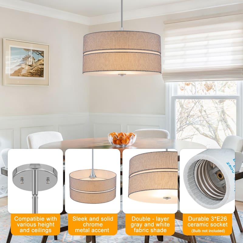 3-Light Chrome Drum Convertible Pendant or Flush Mount Light Fixture - Dia.19.69-in