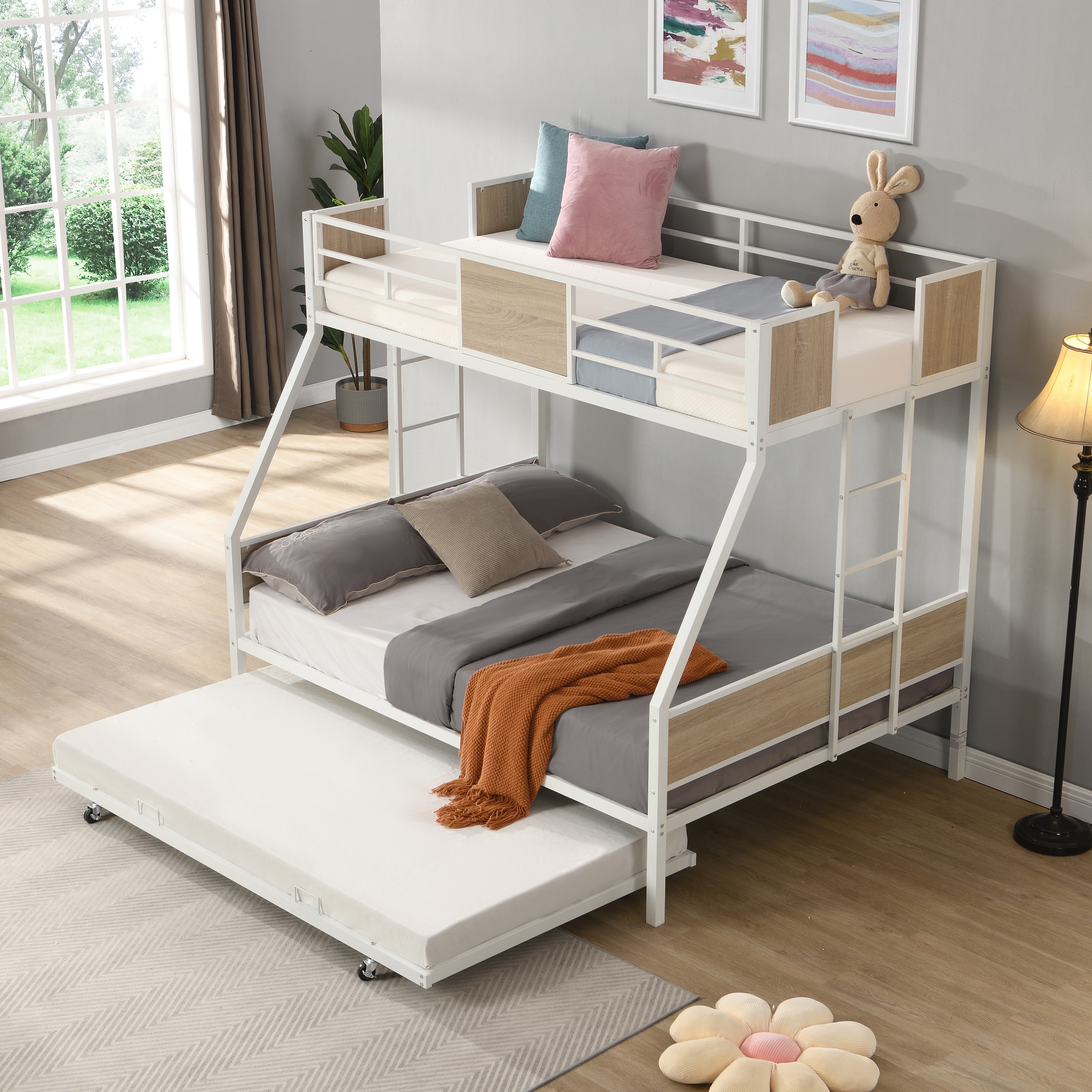 Twin Over Full Bed with Trundle 2, Side Ladder and Full-Length Guardrail, No Box Spring Needed, Large Under Bed Storage