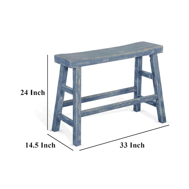 Rena Counter Height Bench | Trestle Legs with Footrests | 33" Wide Ocean Blue Mahogany Wood Frame