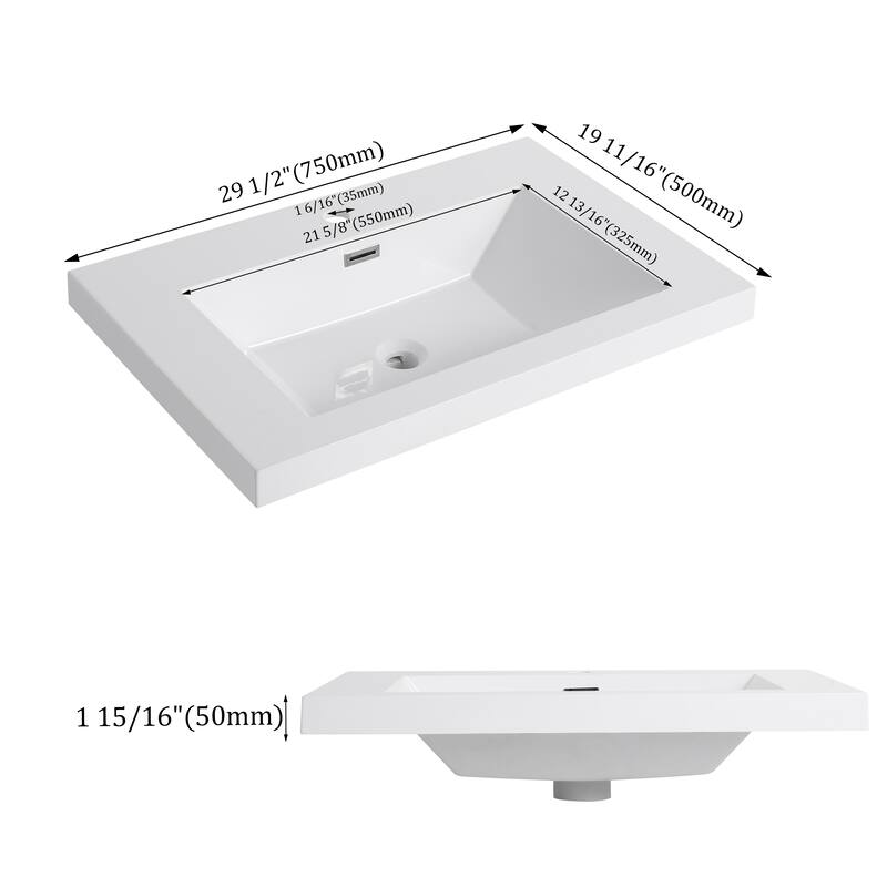 GDFStudio - Elara Gloss White Resin Bathroom Sink Top Only, Modern Rectangular Basin for Wall-Mounted Vanities