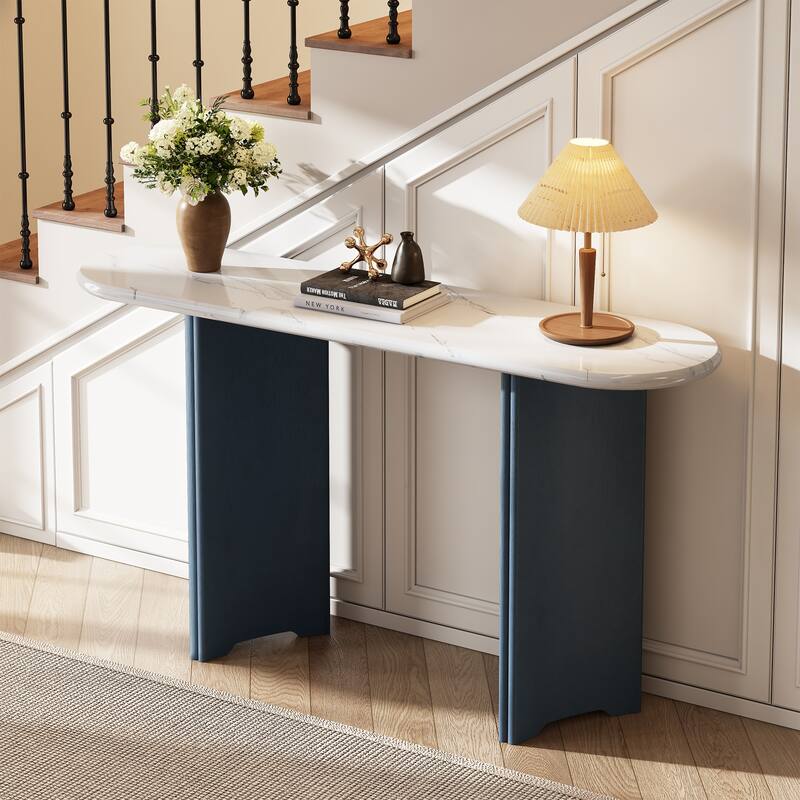 Narrow Console Table with Oval Faux Marble Top