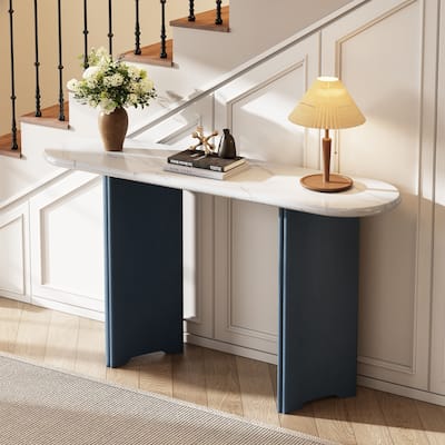Oval Faux Marble Top Console Table Entryway Table, Narrow Sofa Table Hallway Accent Table with Triangular Base