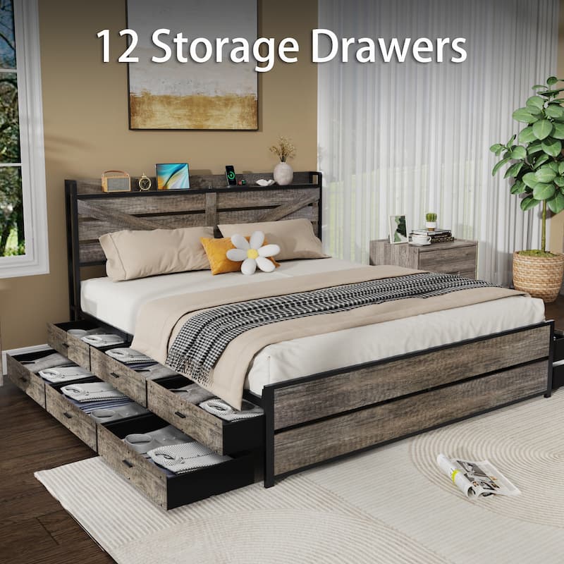 Retro Storage Bed with 12 Storage Drawers and Panel Headboard Built-in Charging Station, Metal Slats Support Platform Bed Frame